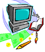 Image of compter with book, pencil and other symbols of learning tools.
